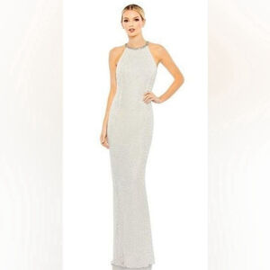 Mac Duggal Beaded Sleeveless High Neck Column Gown in White Size 8